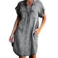 Women Denim Shirt Dresses Short Sleeve Distressed Jean Dress Button Down Casual Tunic Top. 