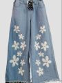Wide Leg Flower Printed Jeans Flapper For Girls(7 to11). 