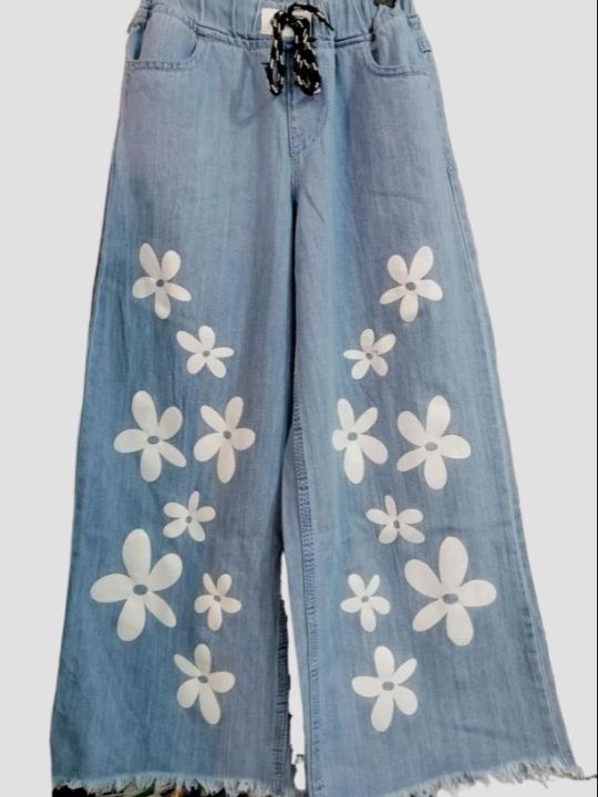 Wide Leg Flower Printed Jeans Flapper For Girls(7 to11)