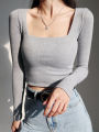 Women Ribbed Square Neck Crop Top With Long Sleeve.