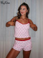 Hugcitar Cherry Print 2 Pcs Matching Sets Slips Bows  Slim Crop Camis Top Shorts Summer Casual Women Outfit Festival Workout. 