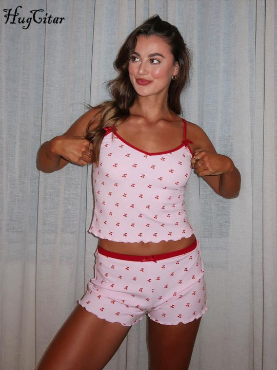 Hugcitar%20Cherry%20Print%202%20Pcs%20Matching%20Sets%20Slips%20Bows%20%20Slim%20Crop%20Camis%20Top%20Shorts%20Summer%20Casual%20Women%20Outfit%20Festival%20Workout%20-%20Image%203