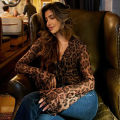 Women Sexy Leopard Mesh Chiffon Tops Deep V Neck Lace Flare Sleeve Blouses Elegant Loose Print Slim Fit T-shirt Female Y2K Tops. 