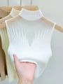 Mesh Knitted Top Women Y2K Tank Top Half Neck Vest Female Sleeveless Sweater Chic Cut Out Streetwear Solid Skinny White Tube Top.