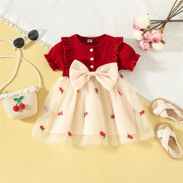 Summer New Pattern Girls' Baby Bubble Sleeve Dress Pineapple Embroidery Gauze Splice Bowknot Infant Dress Versatile Girl Children'S  Clothing (0-3 Years Old)