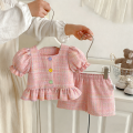 2pc/Set Girls' Outfit Set Summer Checkered Cotton Top And Shorts Baby Girl Clothes Cute Beach Baby Set. 