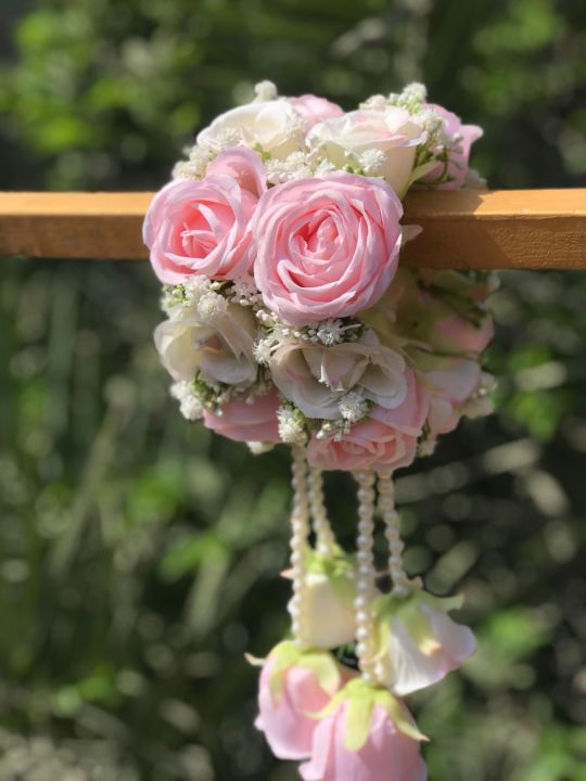 gajray for girls artificial imported flowers 2 hands pink roses and white roses bridal jewellery set kangan bangles with babybreaths