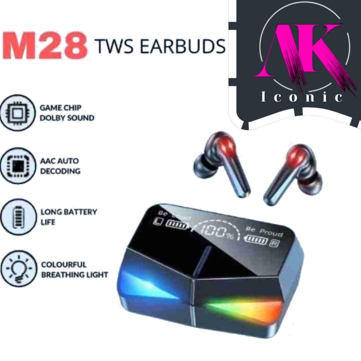 AK Iconic M28 Earbuds, Wireless Bluetooth Earbuds, Gaming Earphones, LED Display Wireless Headphones, Touch Control Sports TWS Wireless Earbuds, Bluetooth Colorful Light Earbud, Sport Headsets with Power Bank