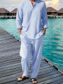 Men's Shirt Pants Suit Summer Breathable Beach Hawaiian Vacation Casual Long Sleeves Set Solid Color Loose Jogging Trousers.