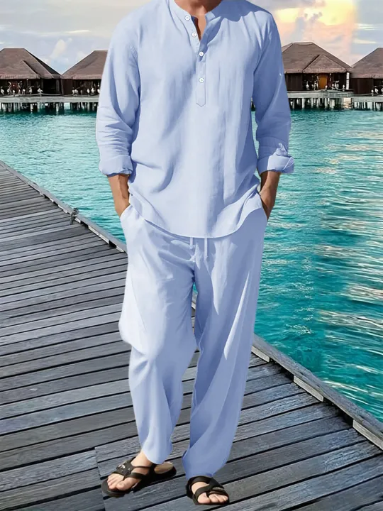 Men's%20Shirt%20Pants%20Suit%20Summer%20Breathable%20Beach%20Hawaiian%20Vacation%20Casual%20Long%20Sleeves%20Set%20Solid%20Color%20Loose%20Jogging%20Trousers%20-%20Image%207