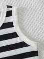 2pcs Summer Baby Boys Girls Black White Striped Ribbed Tank Set, Casual Style, Daily/School Wear, 0-3Y, Breathable Fabric.