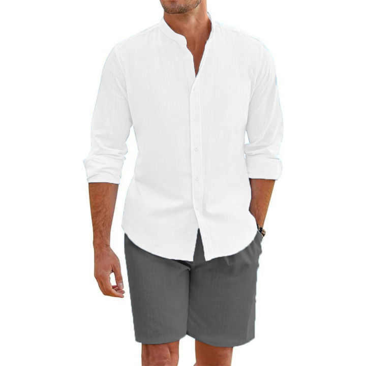 2%20pcs%20Sets%20Men's%20Summer%20Cotton%20Linen%20Shirt%20and%20Shorts%20Cardigan%20Simple%20Casual%20Beach%20Shirts%20Comfortable%20Hawaii%20Wear%20-%20Image%204