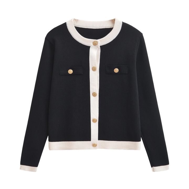Autumn%20Women's%20Wear%20Gold%20breasted%20Long%20Sleeve%20Black%20and%20White%20Round%20Neck%20Knitted%20Cardigan%20Sweater%20Coat%201822/106%20-%20Image%202