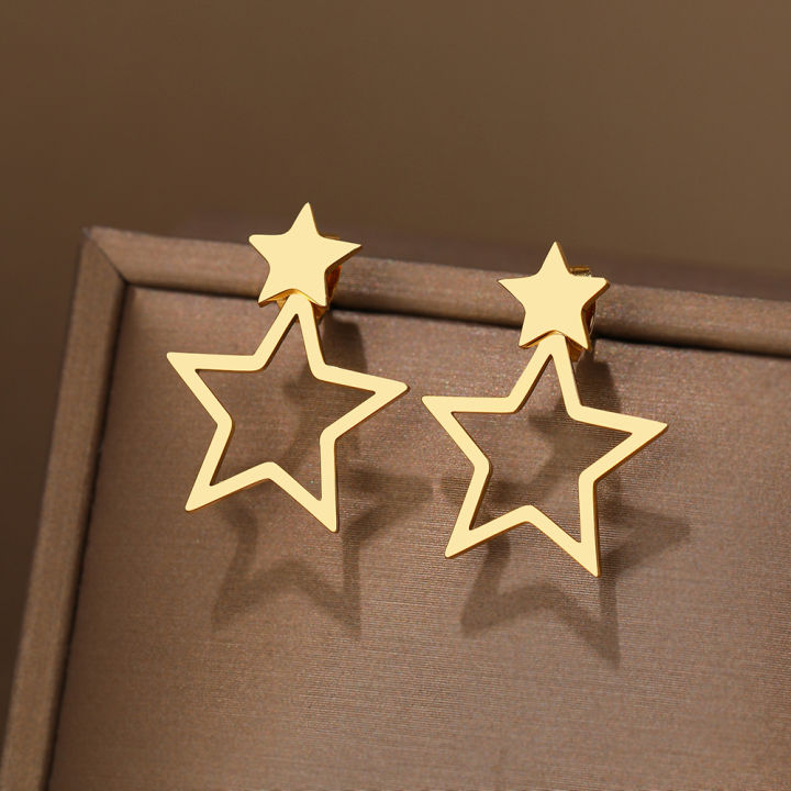 Stainless Steel Earrings New Classic Kpop Sweet Double Stars Temperament Girl's Daily Wear Pendants Earrings For Women Jewelry
