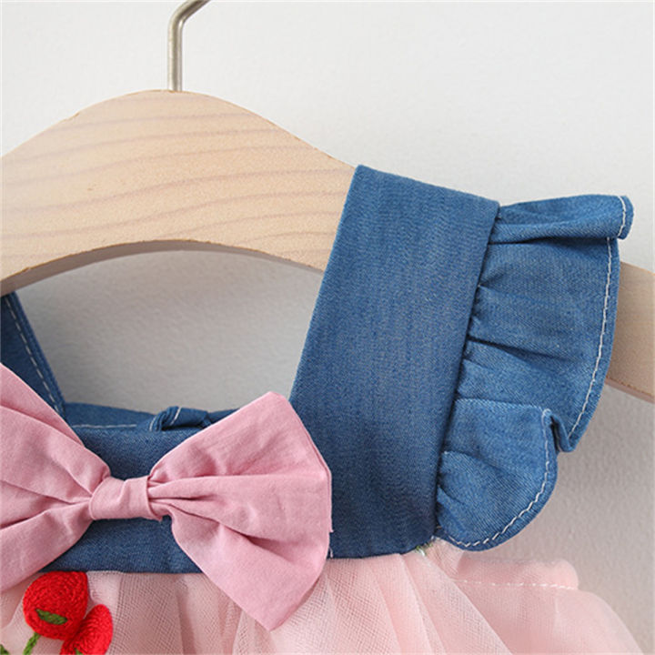 Summer%20Girl%20Dress%20Denim%20Fly%20Sleeved%20Bow%20Cute%20Cherry%20Colored%20Mesh%20Princess%20Dress%20Suitable%20for%20Babies%20Aged%200-3%20-%20Image%204