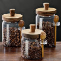 Coffee Bean Storage Jar Glass Sealed Containers Grains Jar with Wood Spoon Clear Spice Jars Kitchen Moisture-proof Storage Tank. 