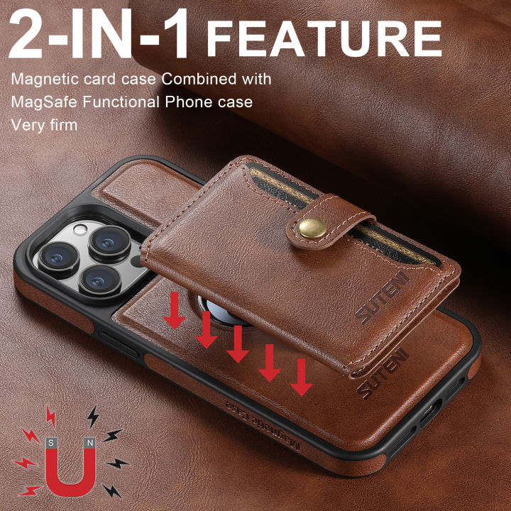 SUTENI Leather Card Holder Wallet Case 2-in-1 Bracket Compatible with Magsafe Wireless Charging For iPhone 16ProMax 15Plus 14 13