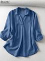 ZANZEA Women Summer V Neck 3/4 Sleeve Blouse Denim Blue Shirt Elegant Solid OL Work Tops Casual Loose Office Blusas Oversize. 
