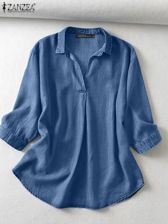 ZANZEA%20Women%20Summer%20V%20Neck%203/4%20Sleeve%20Blouse%20Denim%20Blue%20Shirt%20Elegant%20Solid%20OL%20Work%20Tops%20Casual%20Loose%20Office%20Blusas%20Oversize%20-%20Image%202