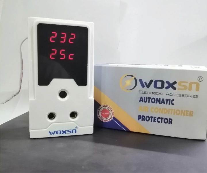 Air Condition Power Protector With Volt, Ampere & Temperature Meter, Over & Under Voltage Protection For AC Cabinet Smart Monitor Fridge & Deep Freezer accessories, Timer Relay Breaker
