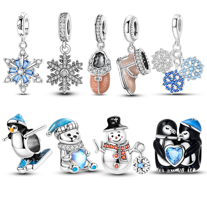 Original 925 Sterling Silver Charms Beads Snowflake Snowman Penguin Snow Boots Dangle Fit Women Original Bangle Bracelet