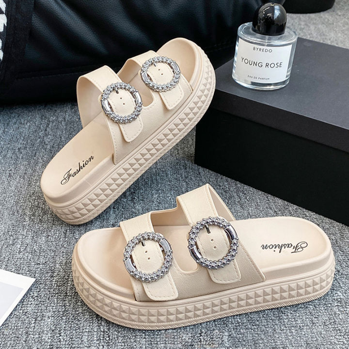 Women's Fashion Thick Sole Sandals - Adjustable Strap Flip Flops, Flat Open-Toe Beach Slides for Outdoor Summer Wear