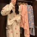 Autumn Winter Warm Flannel Fleecing Women's Pajamas Sets Coral Velvet Long Sleeve Cartoon Sleepwear Pants Sets Flannel Homewear. 