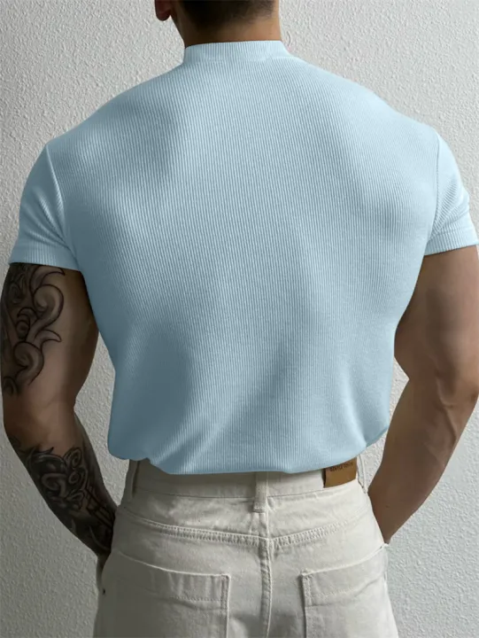 Spring%20Summer%20Fashion%20Men's%20T-Shirt%20Small%20High%20Collar%20Stripe%20Shirt%20Short%20Sleeve%20Fitness%20Top%20Leisure%20Sport%20T-Shirt%20Men%20Sportswear%20-%20Image%202