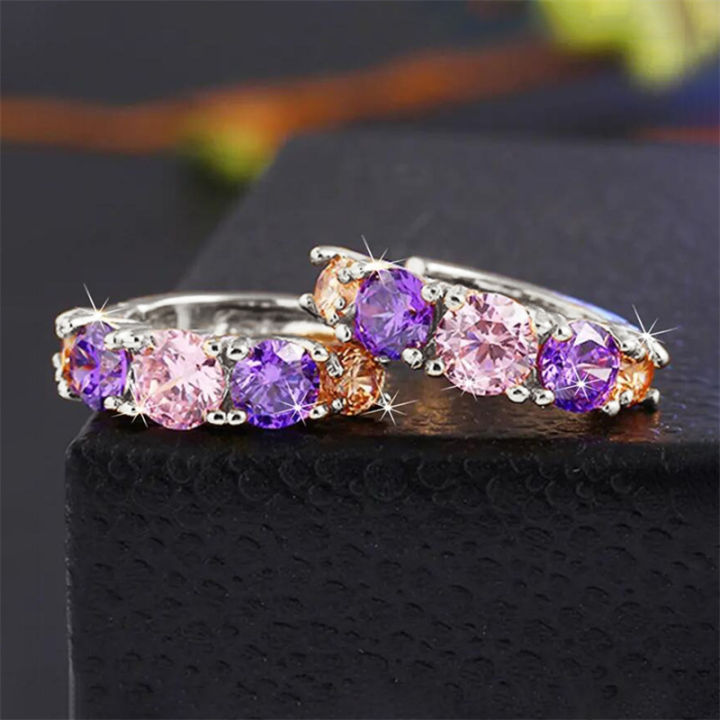 Huitan%20Fashion%20Luxury%20Colorful%20Pink/Purple%20CZ%20Hoop%20Earrings%20for%20Women%20Newly%20Designed%20Bridal%20Wedding%20Earrings%20%20Party%20Jewelry%20-%20Image%204
