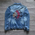 Indian Chief Embroidery Denim Jackets Men, Retro Blue Streetwear, Ripped Slim Coat, Casual Motorcycle Outwear, Spring and Autumn. 