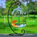Round/Rectangle Shape Hanging Glass Aquarium Fish Tank Fish Bowl Transparent Vase Ornament With Rack Holder Home Decoration. 