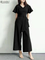 2024 ZANZEA Fashion Women Wide Leg Jumpsuits Summer V Neck Short Sleeve Rompers Elegant OL Casual Playsuits Solid Work Overalls.