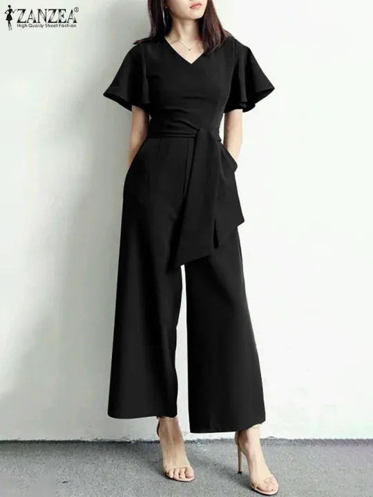 2024%20ZANZEA%20Fashion%20Women%20Wide%20Leg%20Jumpsuits%20Summer%20V%20Neck%20Short%20Sleeve%20Rompers%20Elegant%20OL%20Casual%20Playsuits%20Solid%20Work%20Overalls%20-%20Image%203