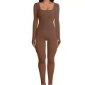Solid Color Ribbed Yoga Jumpsuit, Seamless Slim Fit Long Sleeve Sports Bodysuit, Women's Activewear.