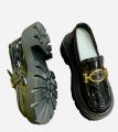 Black Color Buckle Design Shining Loafer Shoes For Women. 