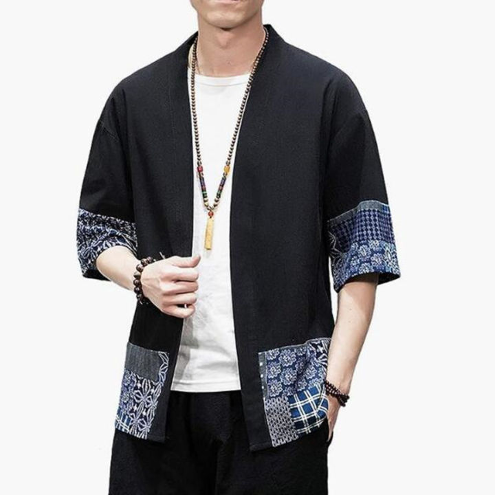 Men's%20Japanese%20Kimono%20Cardigan%20Loose%20Cotton%20Linen%203/4%20Sleeve%20Open%20Front%20Casual%20Summer%20Shirt%20Jackets%20-%20Image%205