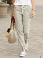 Women Elegant Simple Pants Fashion Drawstring Design Solid Color Cropped Pants Loose Causal Elastic Waist Office Lady Trousers. 
