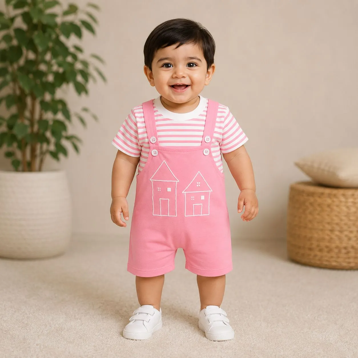 Baby Girls Pink House Print Dungaree Romper Set