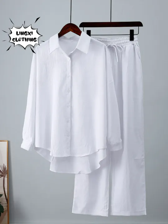 Summer%20Outfits%20for%20Women%202023%20Fashion%20Loose%20Elastic%20Wrinkle%20Long%20Sleeve%20Shirt%20Wide%20Leg%20Pants%20Casual%20Set%20for%20Women%202%20Piece%20Set%20-%20Image%205