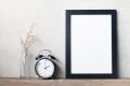 A4 Size Photo Frame with Side Table Stand and Hanging Hooks - Wooden Black Frame. 