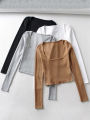 Women Ribbed Square Neck Crop Top With Long Sleeve.