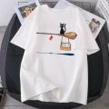 Magic Broom Cat Harajuku T-shirt Women's Fashion Short Sleeved Summer T-shirt Black Outdoor Fitness T-shirt Poleras Women's.