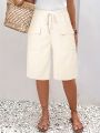 Plus Size Women's Beige Casual Drawstring Cargo Shorts Comfortable Summer Bottoms.