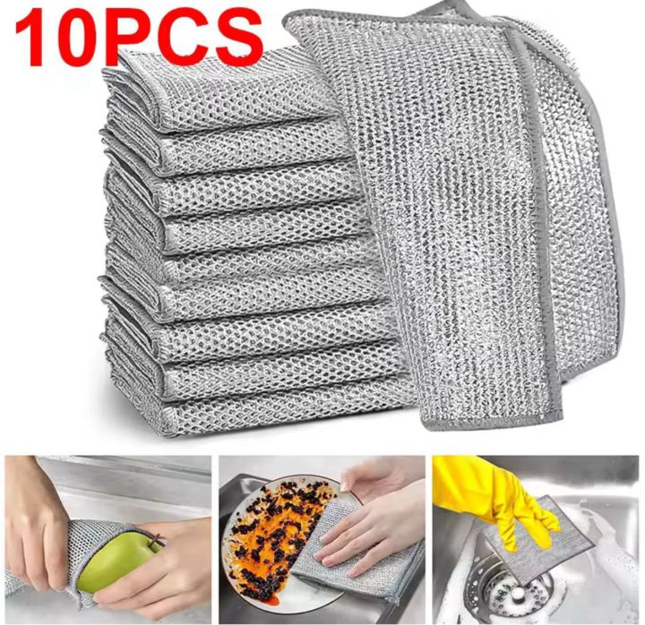 Multifunctional Non-Scratch Wire Dishcloths - Silver Metal Steel Dishwashing Rags 10 Pcs Combo Pack