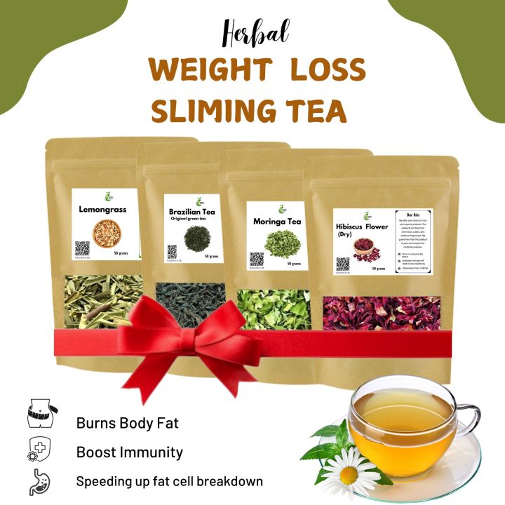 Weight Loss Slimming Tea pack - Herbal Tea Pack - Moringa Tea 50 grams - Brazilian Green Tea 50 grams - Lemongrass Tea 50 grams - Hibiscus Tea 50 grams