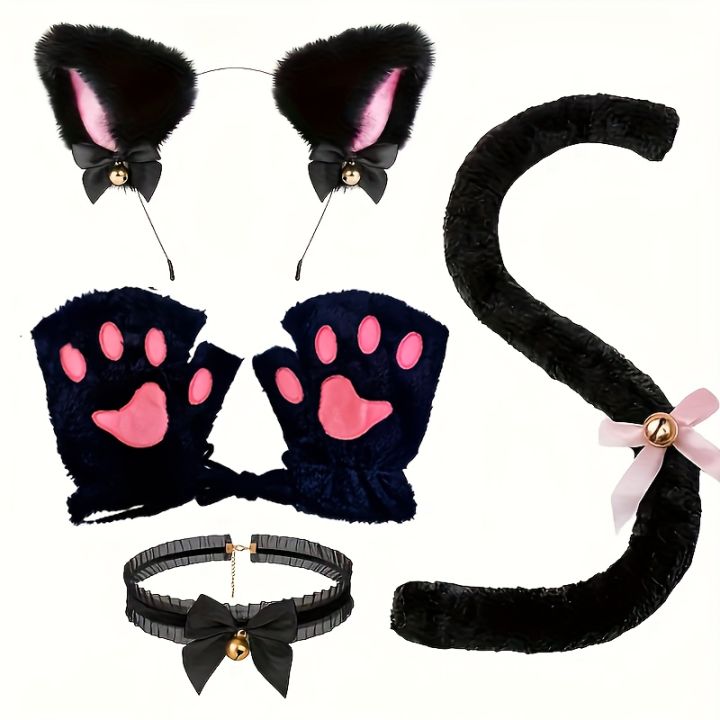 5 sets of cute cat outfits: including headband, gloves, collar and tail, black and white cat outfit. Very suitable for animal th