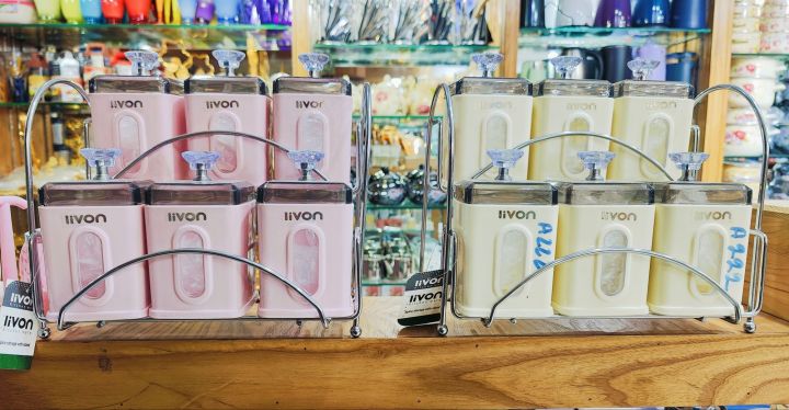 7%20Pcs%20Livon%20Rectangular%20Airtight%20Spice%20Jar,%20Container%20&%20Rack%20with%20Metal%20Base%20-%20Green%20White%20-%20Pink%20-%20Image%203