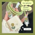 USB Cable Protection For iPhone 15 14 18W 20W Original Charger Protector Cover Green Flowers Protective Data Line Spiral Winder.