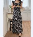 Chic Korean Clothes Design Autumn Women Sleeveless Japan Girls Cute Floral Printed Retro Vintage Date Black Long Maxi Dress. 