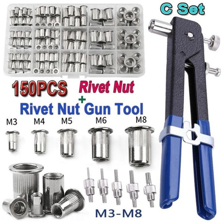 Rivet Nuts 150PCS Gun Mandrel Kit M3/M4/M5/M6/M8 or Nut Rivet Mandrels Repairtool Rivetgun Flatheadscrew Pop Nut Rivet Gun Set